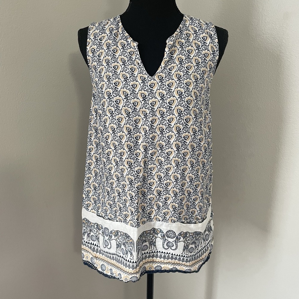 J JILL LOVE LINEN XS Sleeveless Top Floral Elephants Shell Cottagecore Coastal